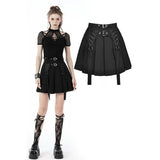 Dark In Love Black Punk Rock Double Buckle Pleated Skirt KW234