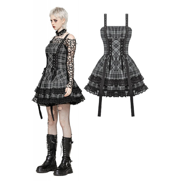Dark In Love Punk Grey Plaid Studded Dress DW1051