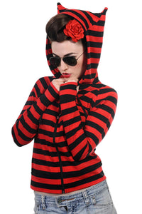 Banned Apparel Cat Ears Striped Hoodie Red/Black